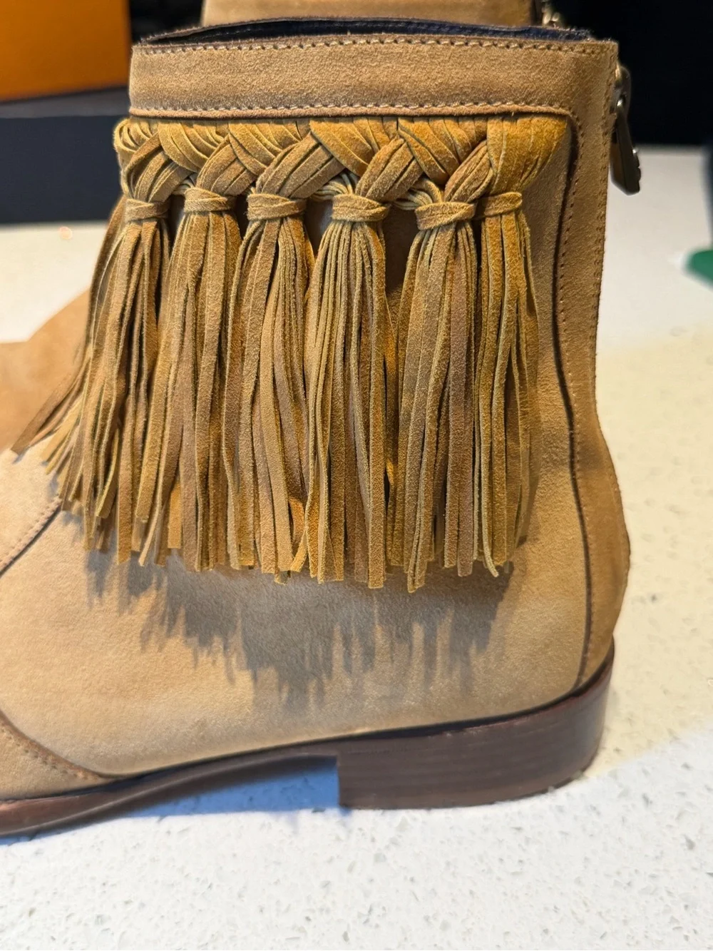 Jimmy choo Men's Suede Fringe Ankle Boots in Tan back zip